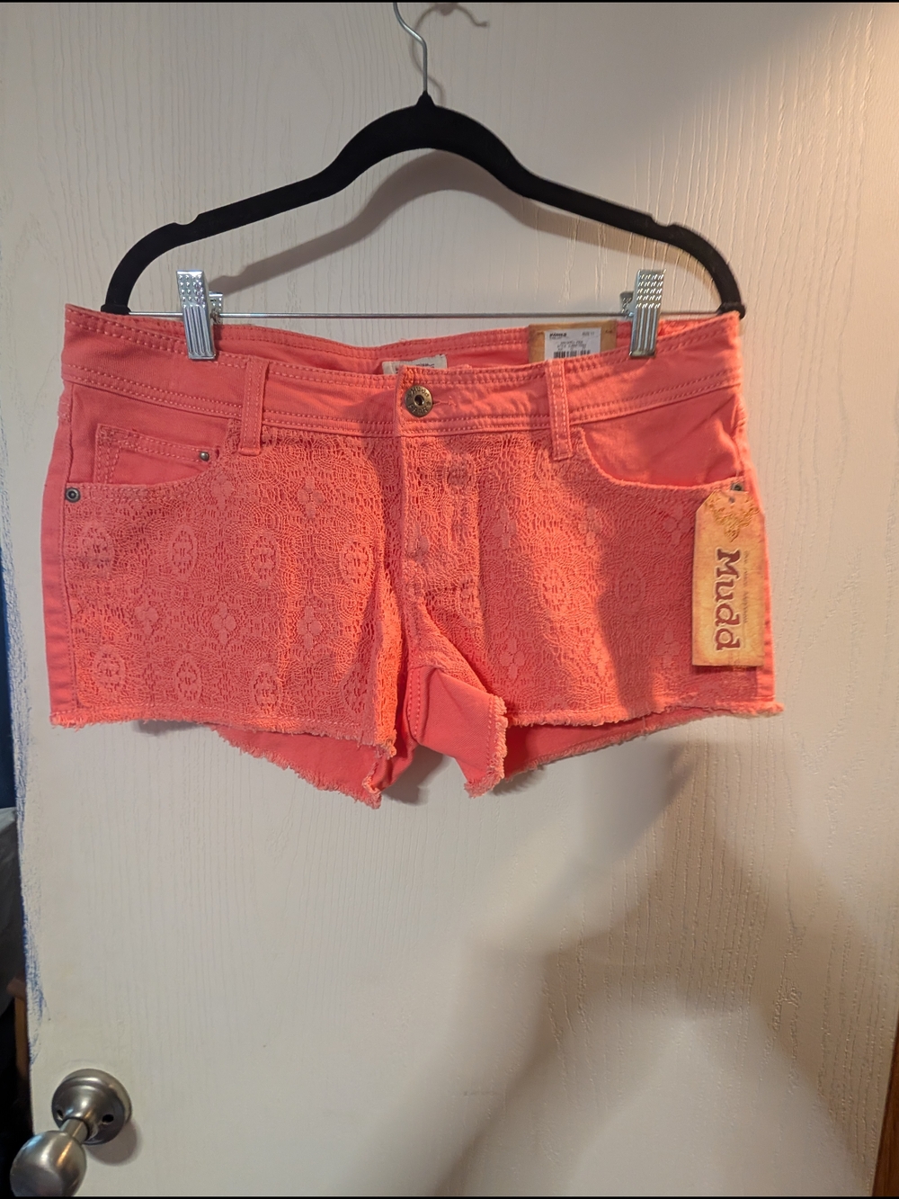 Mudd Coral Lace-Front Denim Shorts